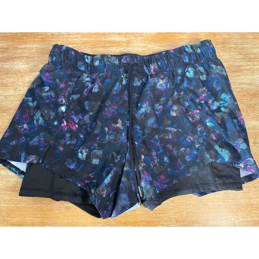 Avia Womens 2-in-1 Running Shorts Blue Purple Floral Print Size L 12-14 AV56953